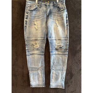 RAWX Distressed Denim Biker Jeans Ripped Knee Skinny Light Wash 32x30